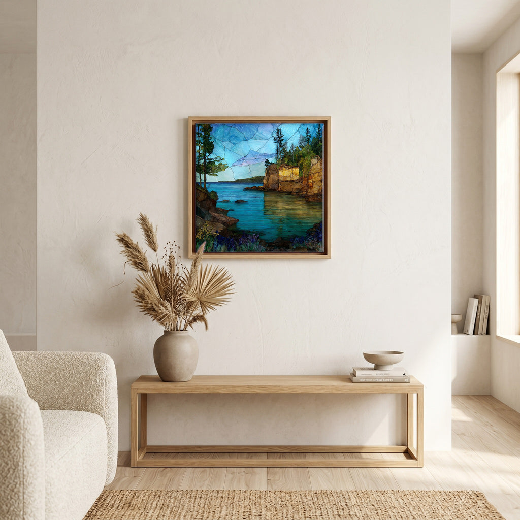 In the living room, above the sofa.