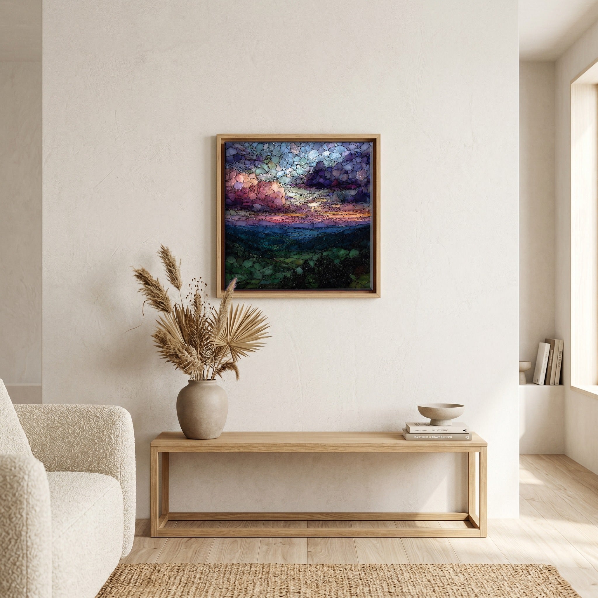 In the living room, above the sofa.