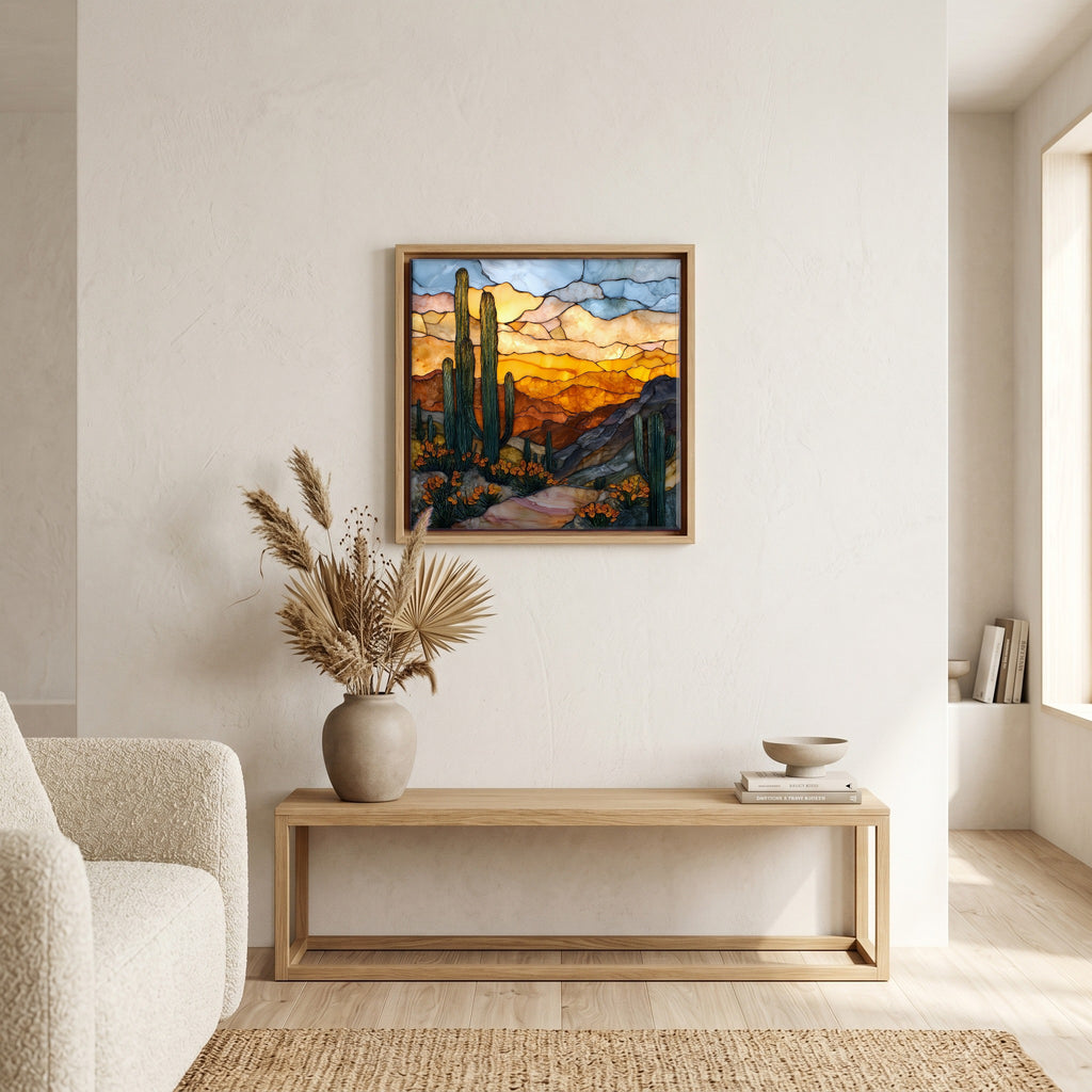 In the living room, above the sofa.