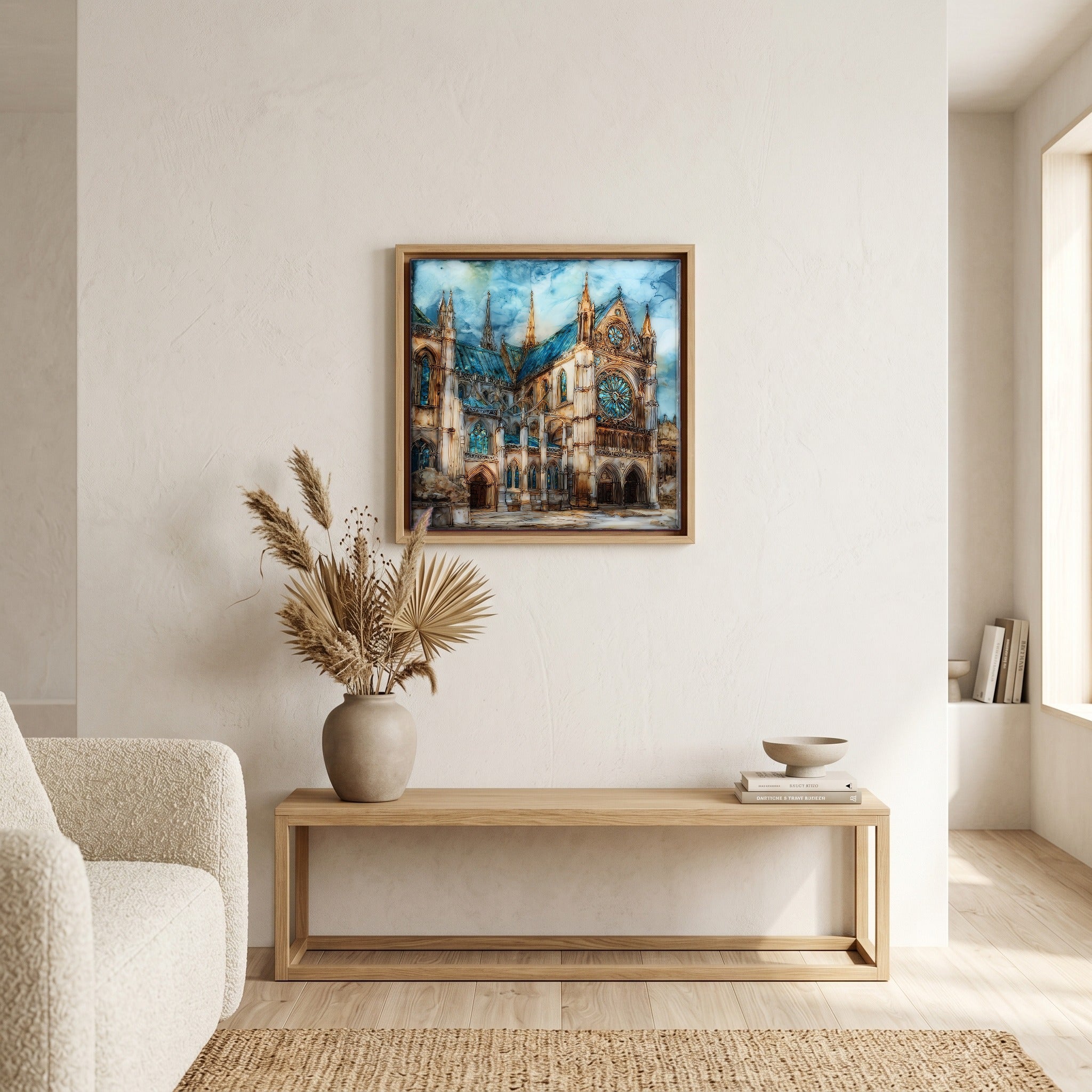 Above the bench, in a warm oak surround.