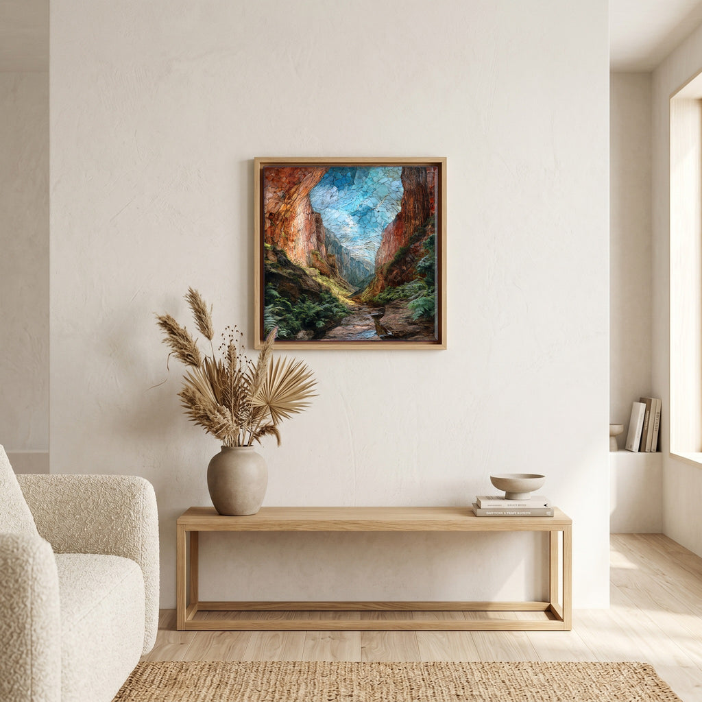 In the living room, above the sofa.