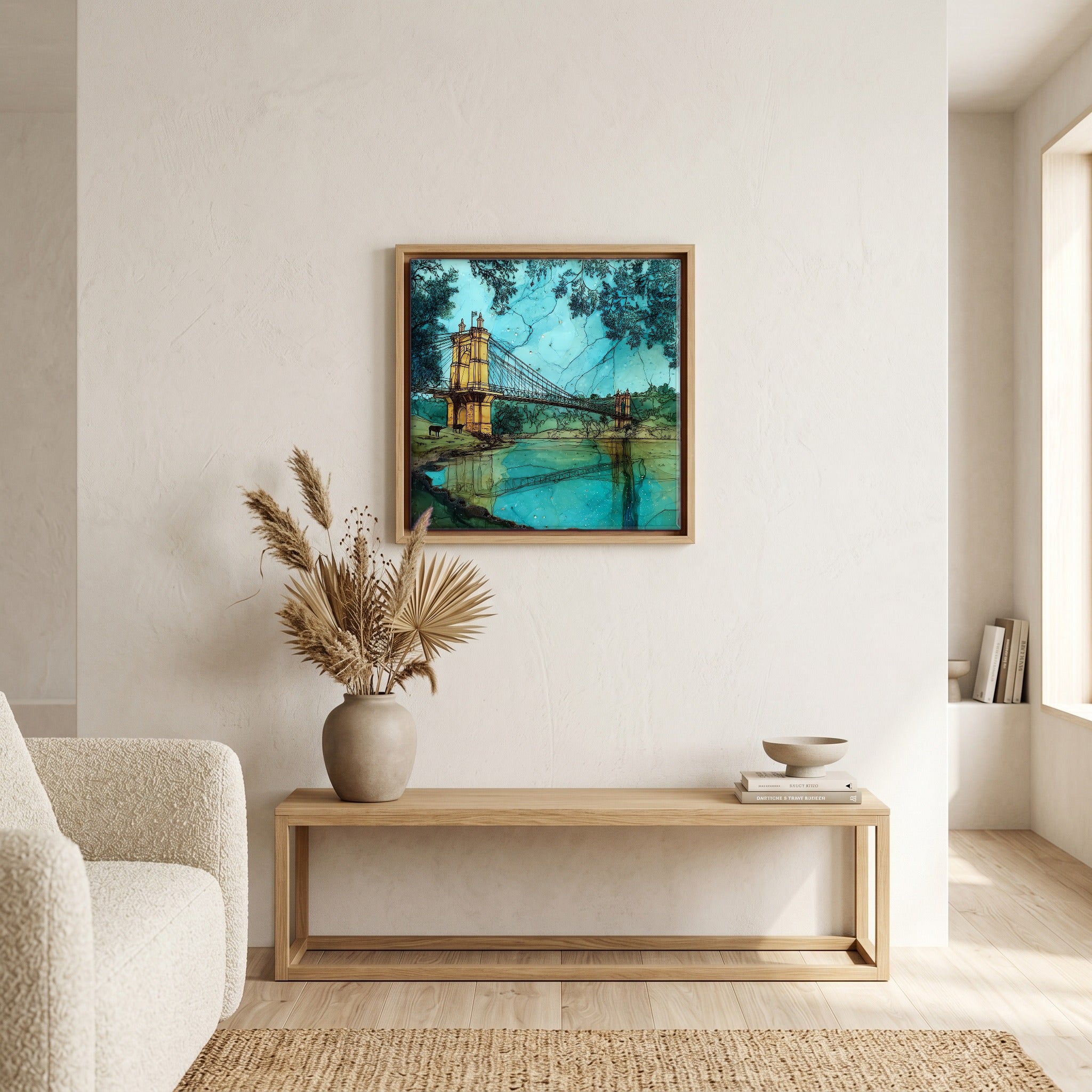 In the living room, above the sofa.