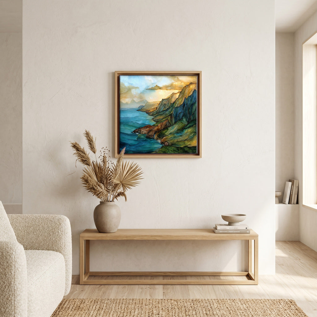 Above the bench, in a warm oak surround.