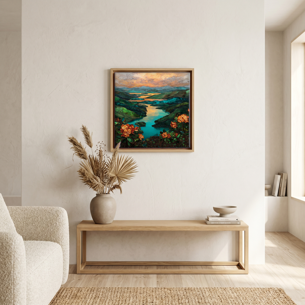 Above the bench, in a warm oak surround.