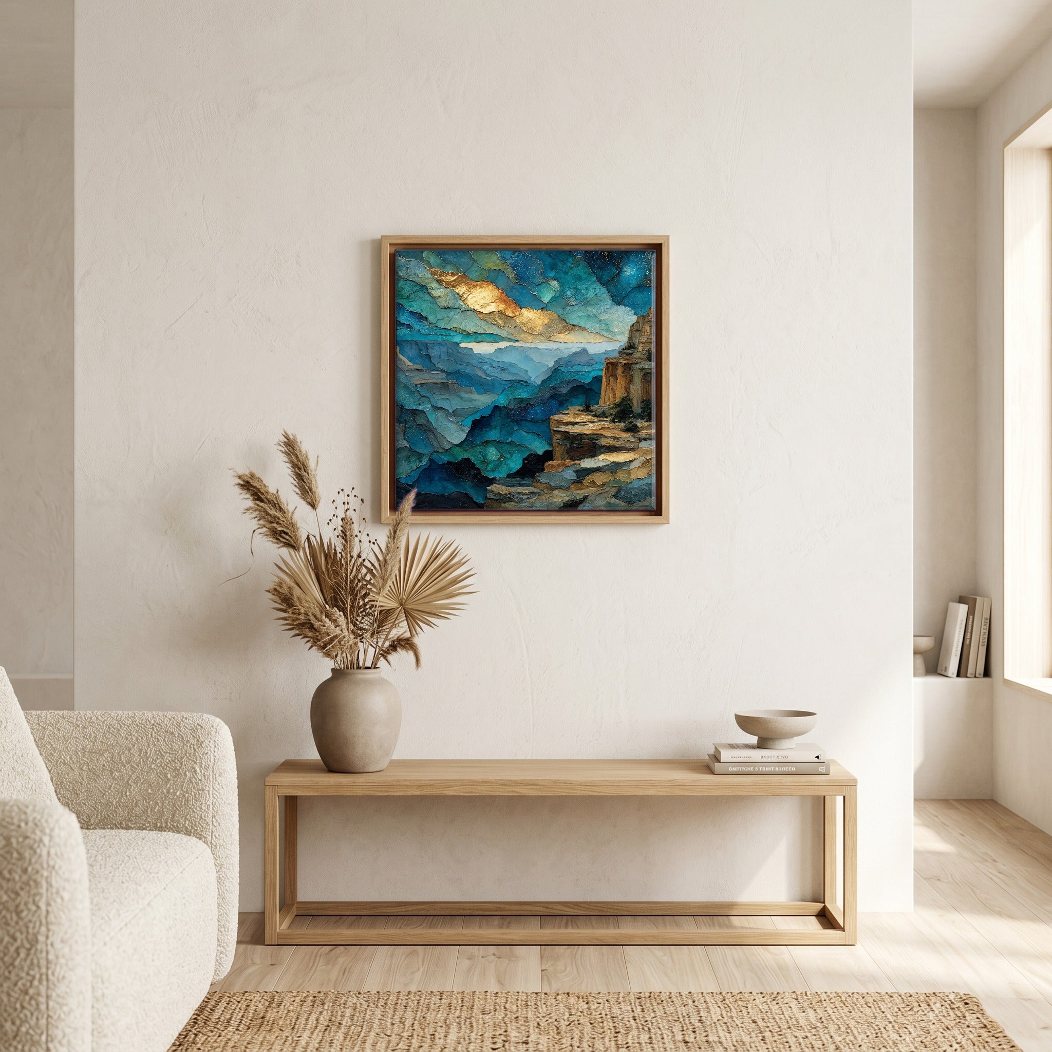 In the living room, above the sofa.