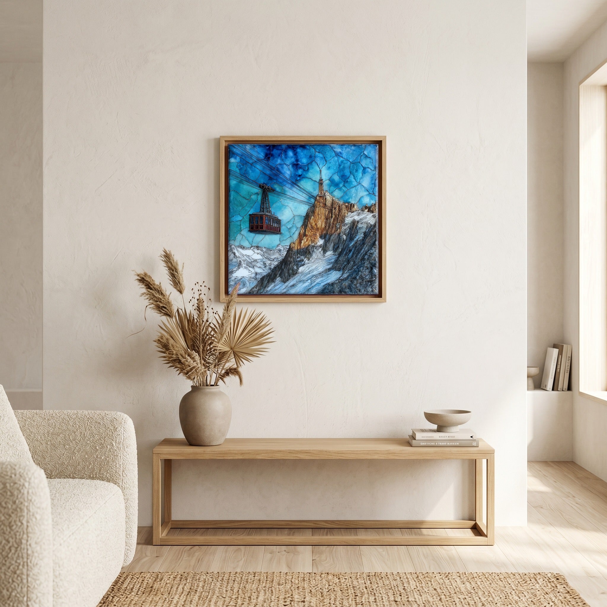 Above the bench, in a warm oak surround.
