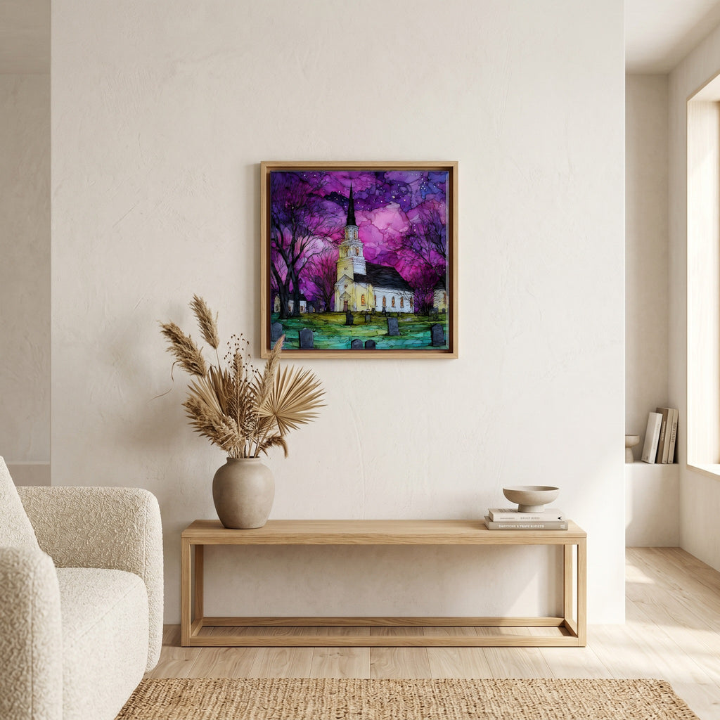 In the living room, above the sofa.