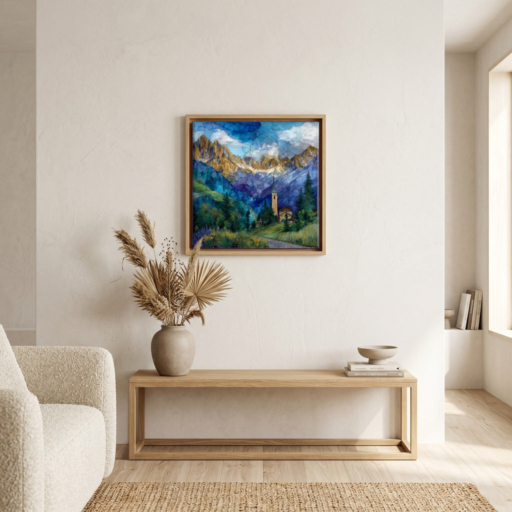Above the bench, in a warm oak surround.