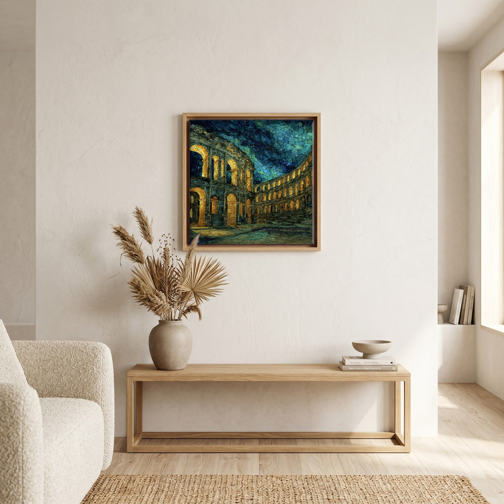 In the living room, above the sofa.