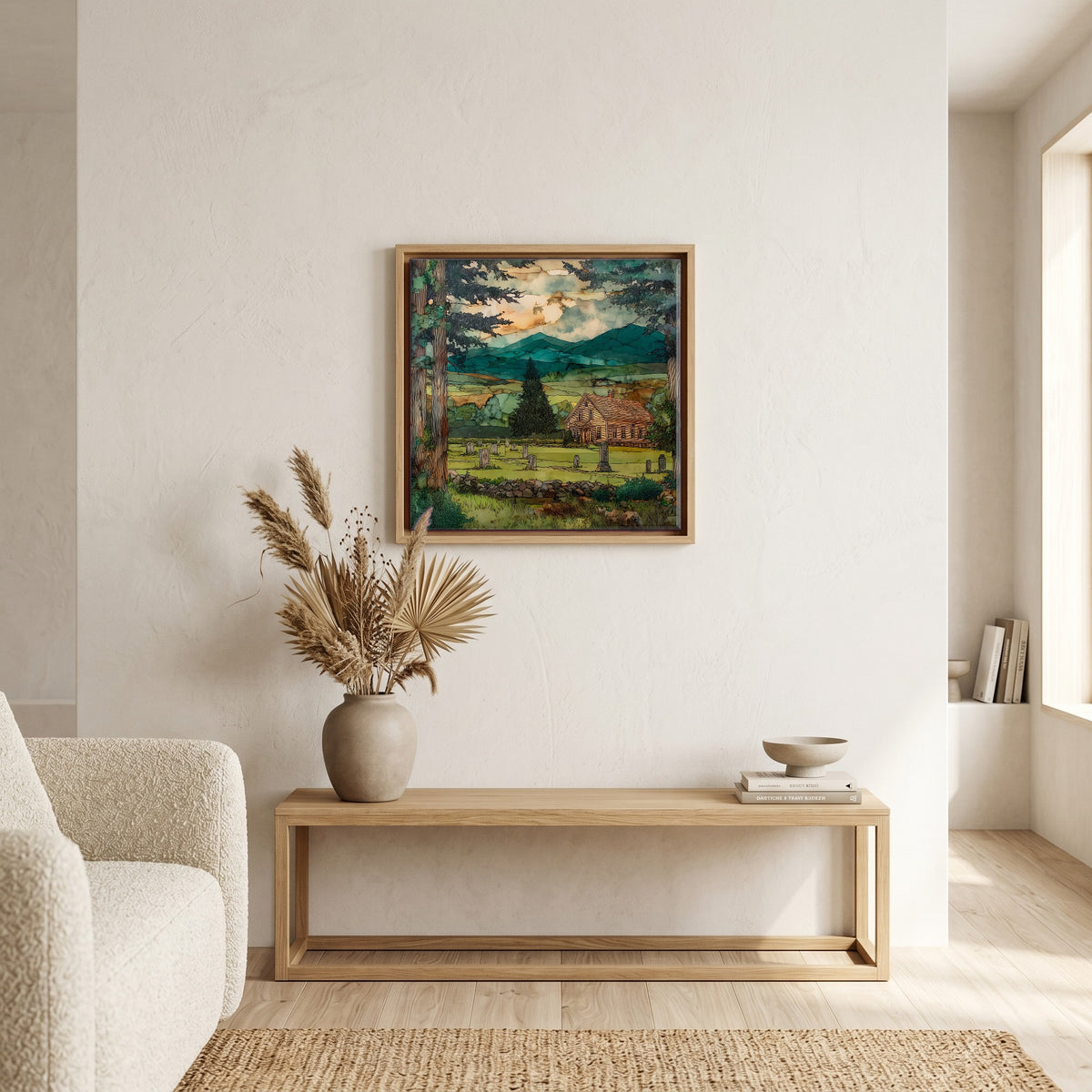 In the living room, above the sofa.