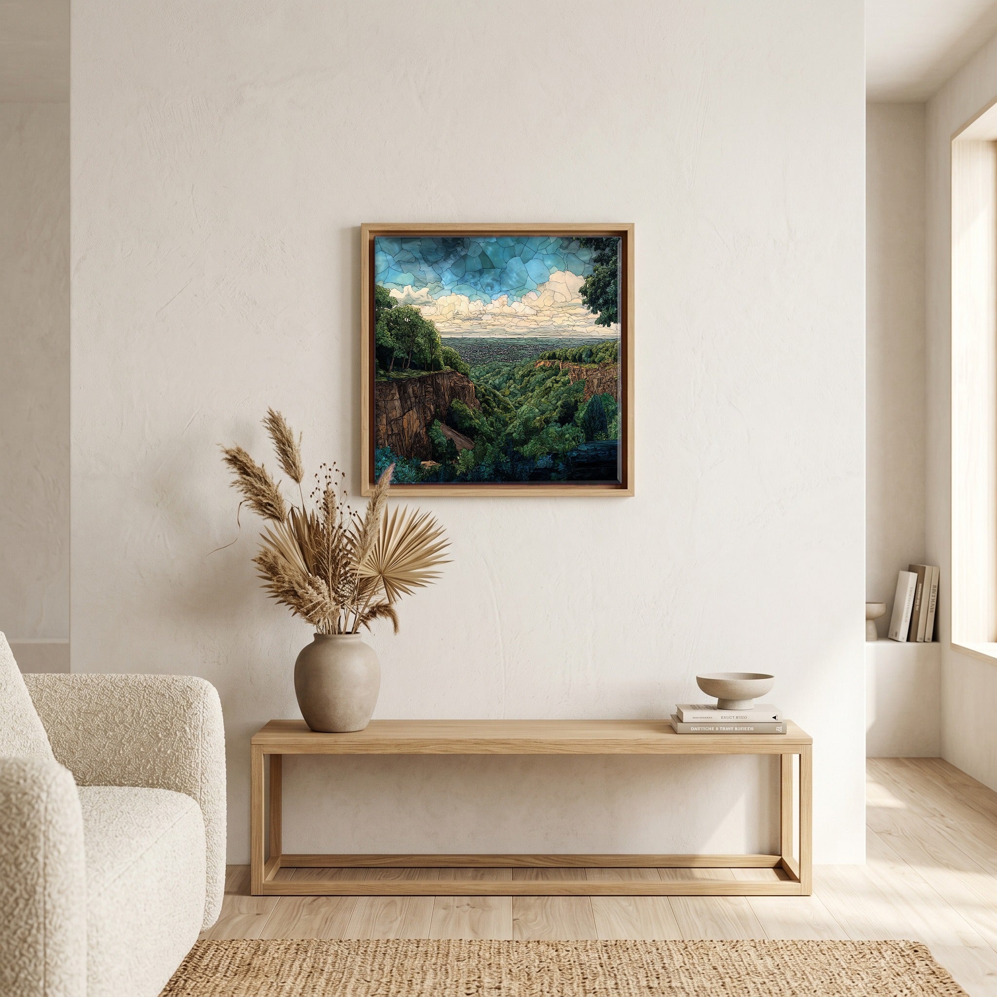 In the living room, above the sofa.