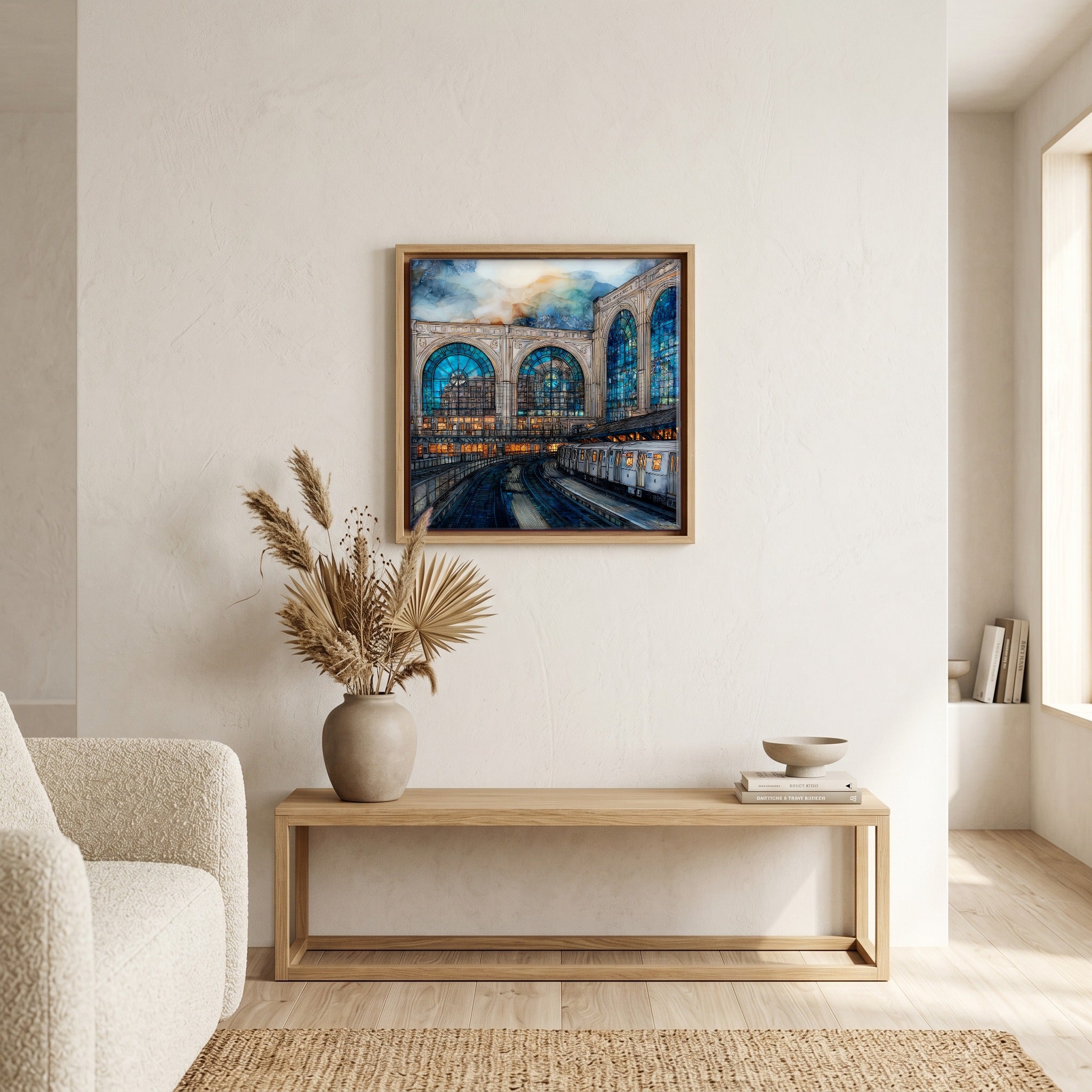 In the living room, above the sofa.