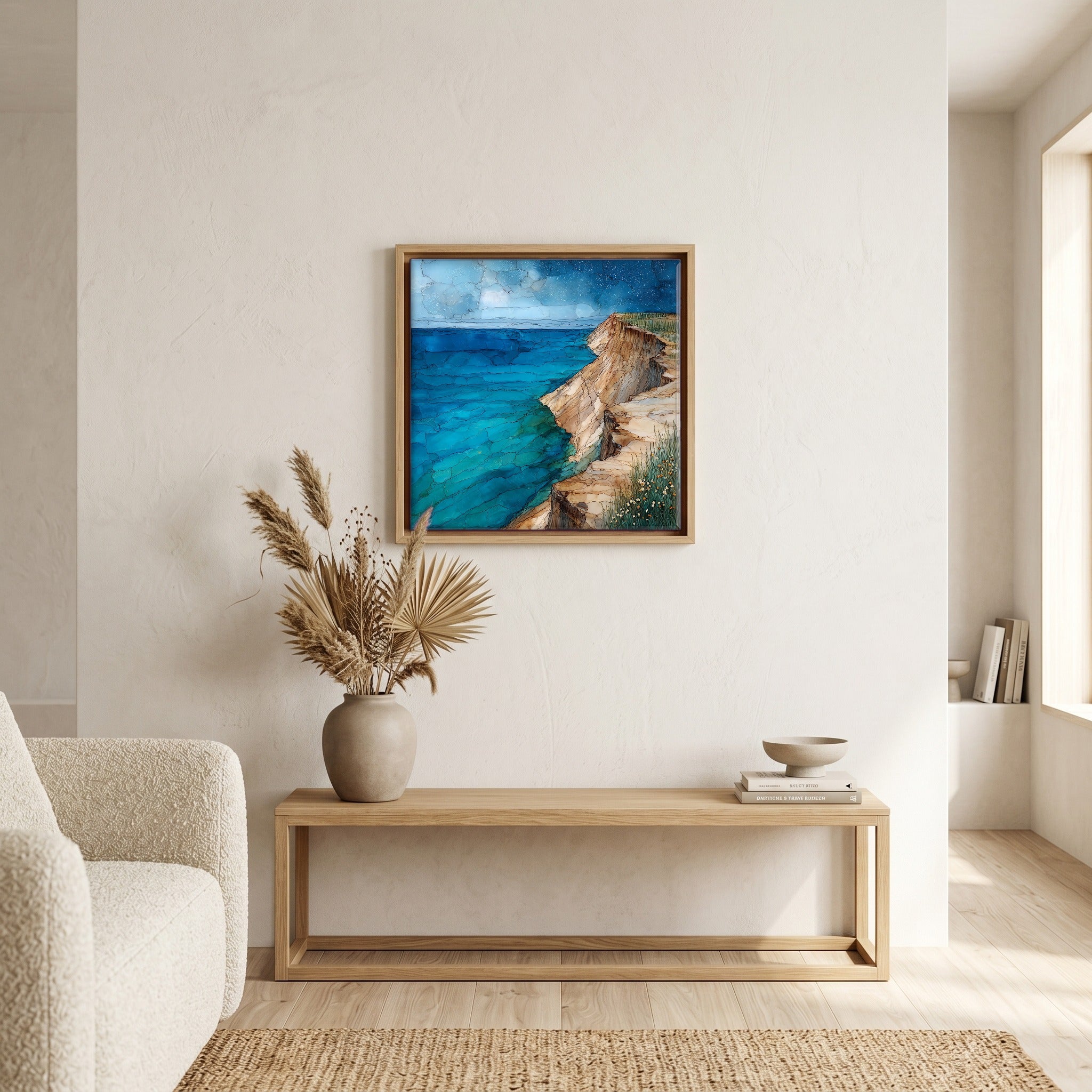In the living room, above the sofa.