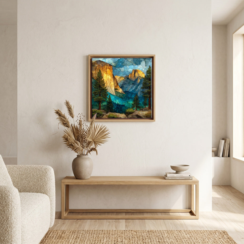 In the living room, above the sofa.