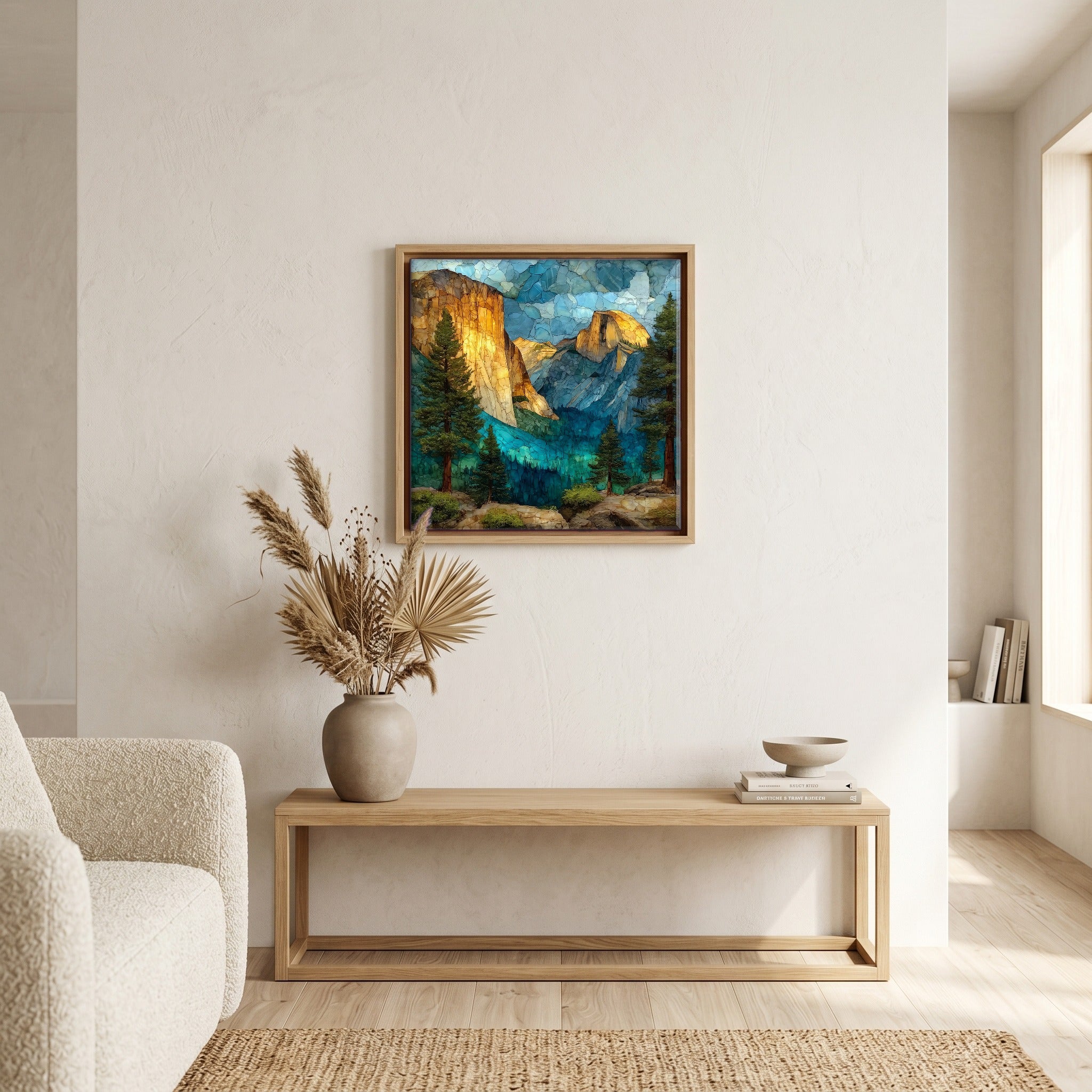 In the living room, above the sofa.