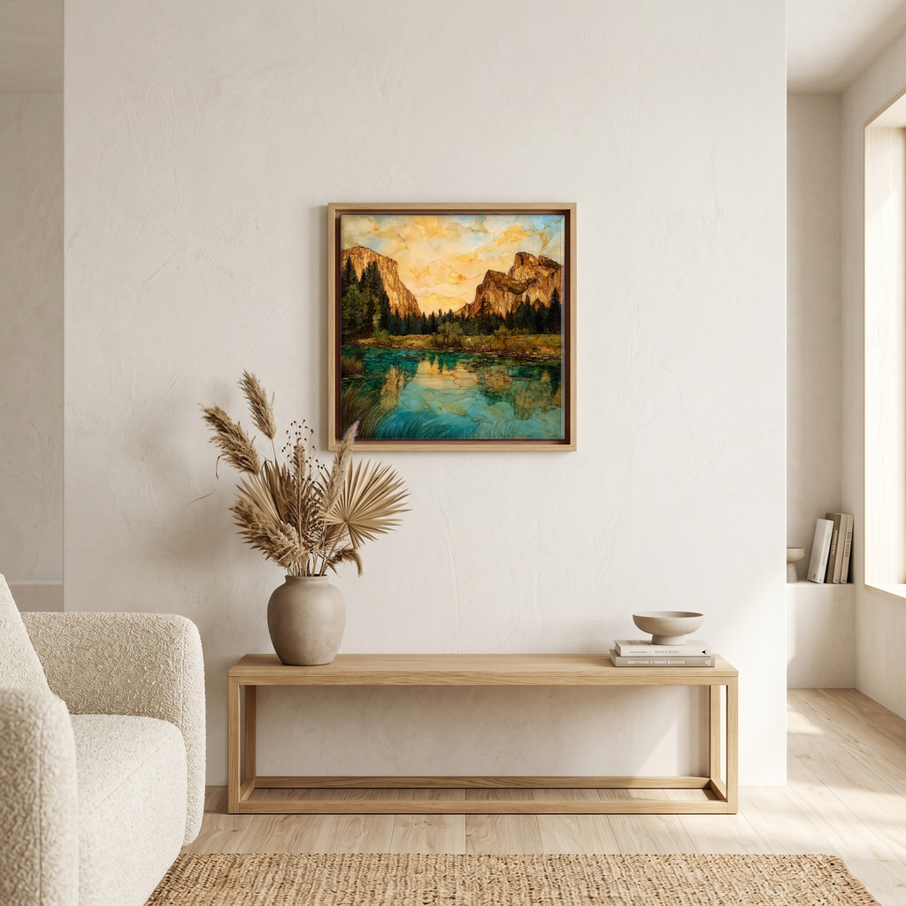 Above the bench, in a warm oak surround.