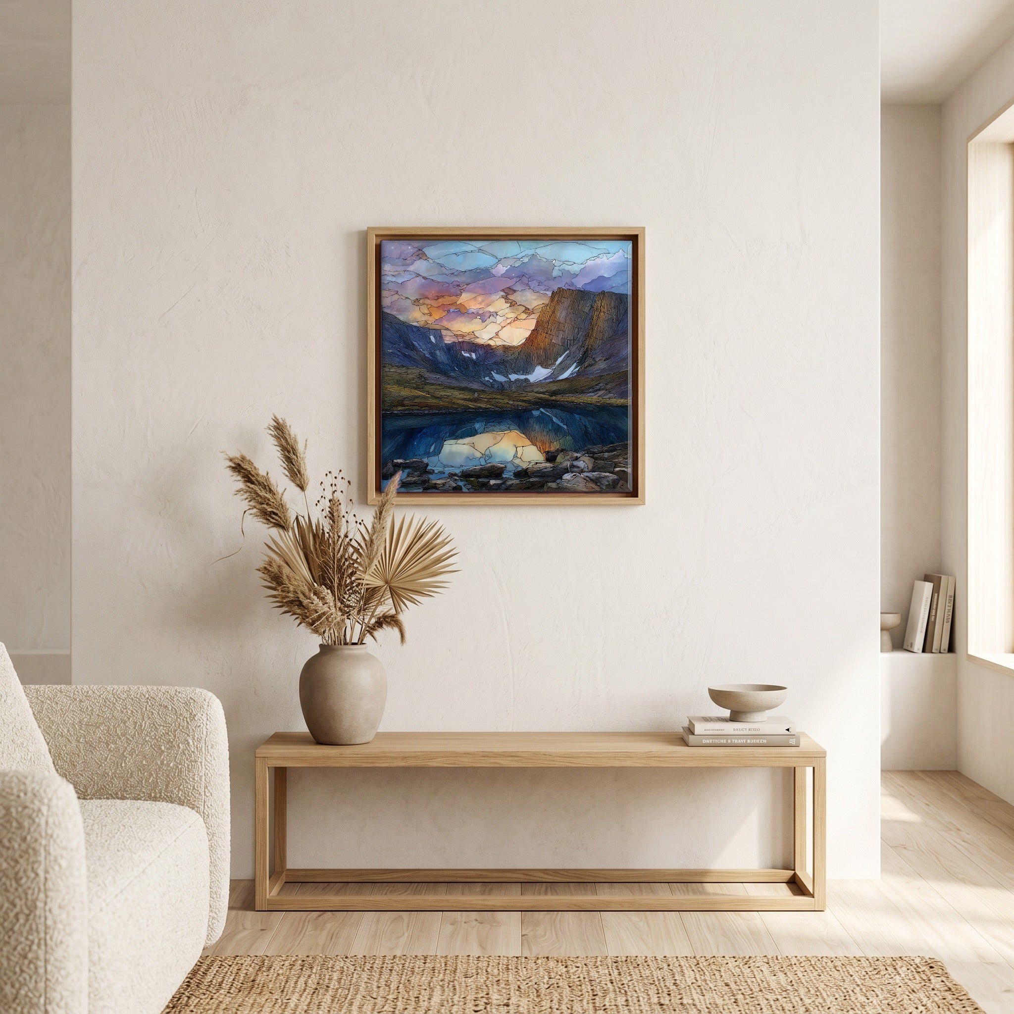 Above the bench, in a warm oak surround.