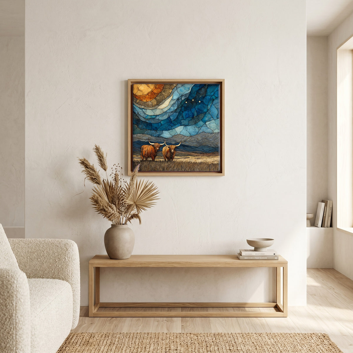 In the living room, above the sofa.