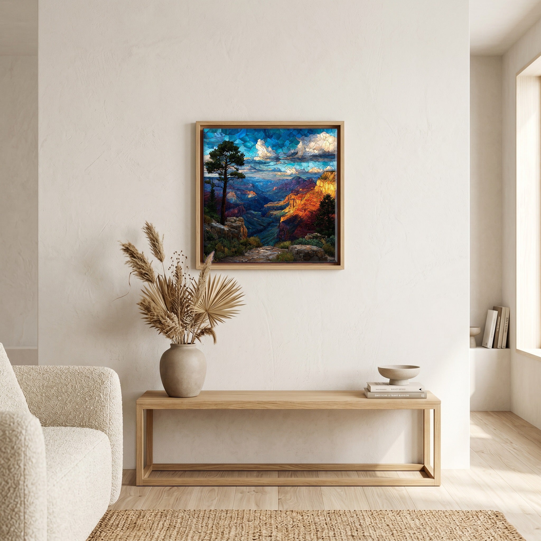 In the living room, above the sofa.