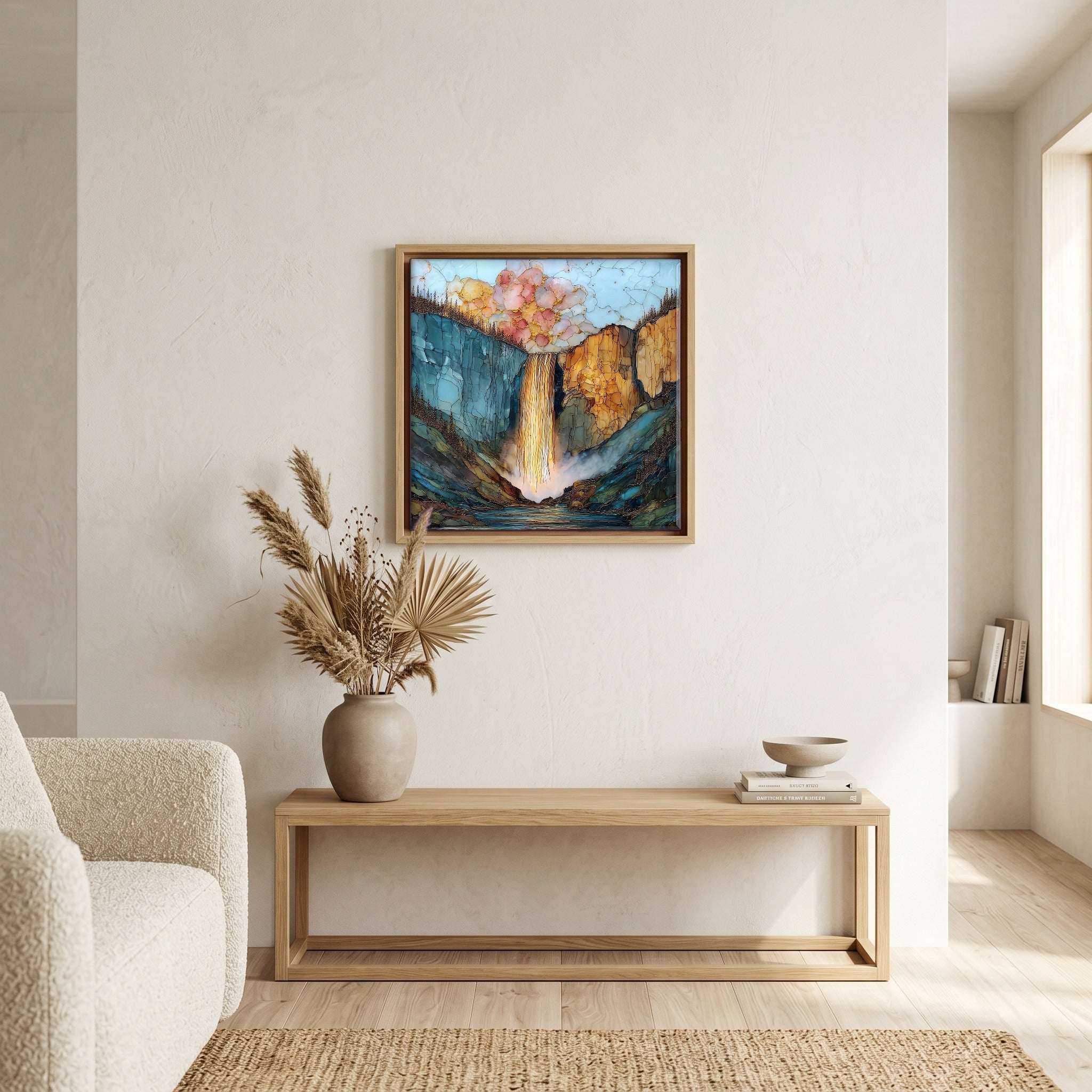 Above the bench, in a warm oak surround.