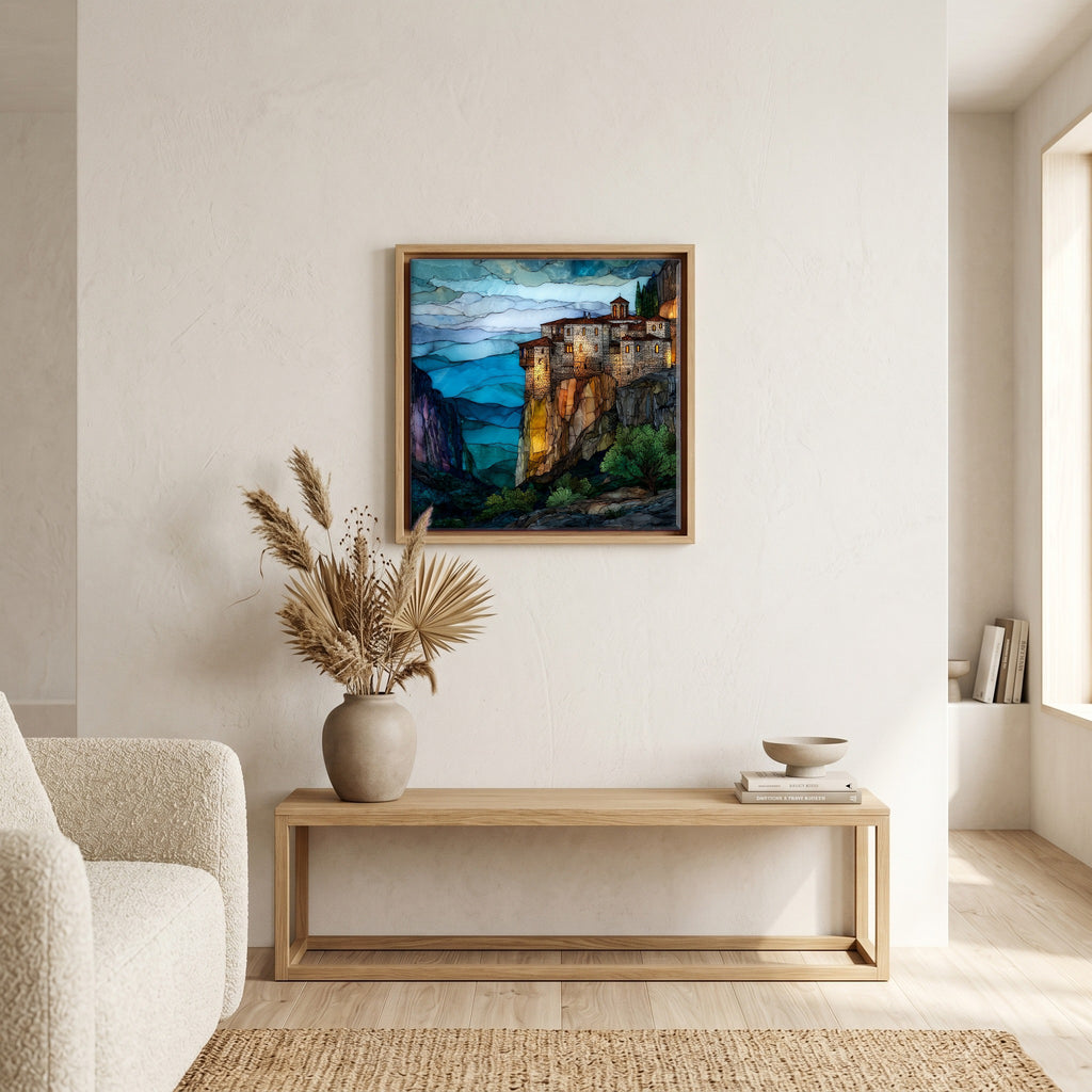 In the living room, above the sofa.