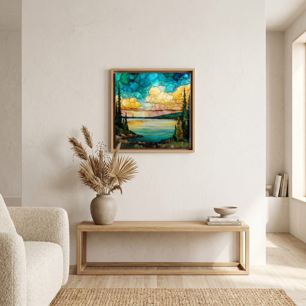 In the living room, above the sofa.
