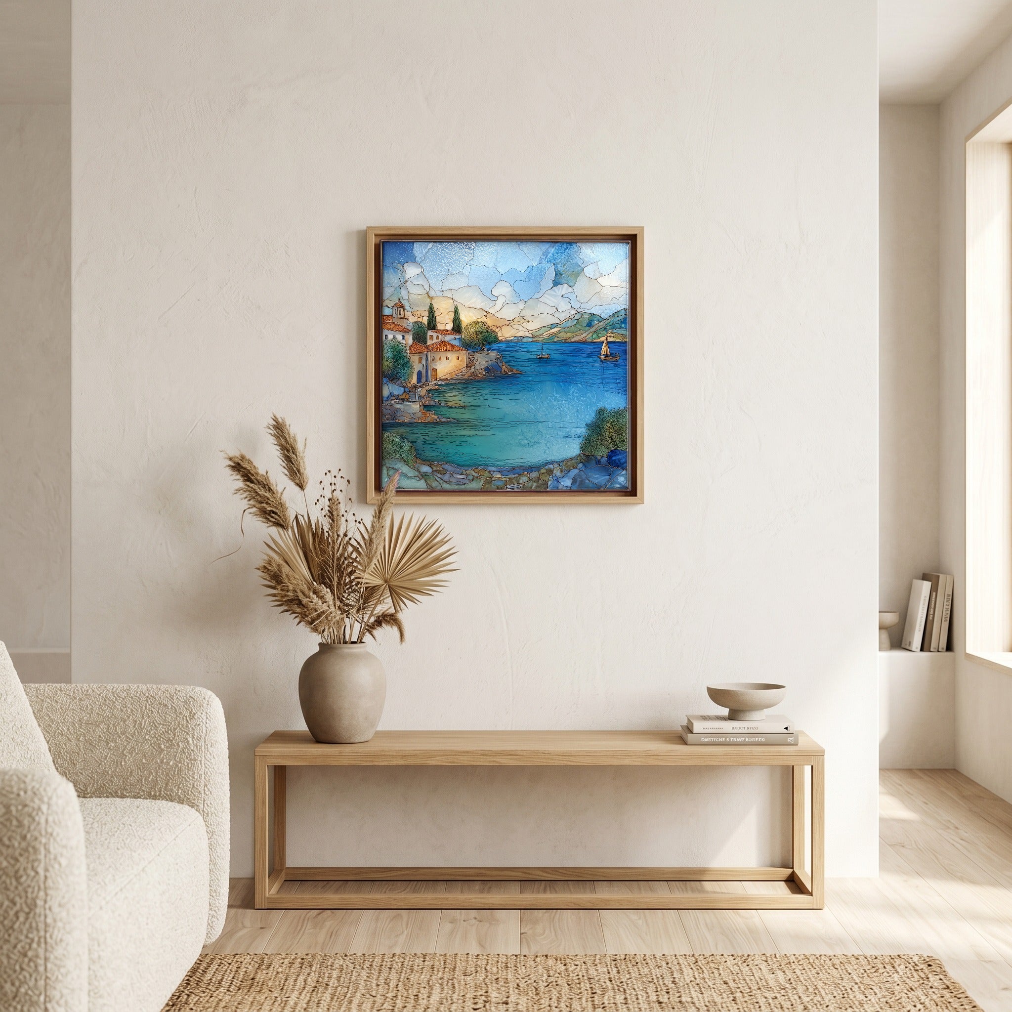 In the living room, above the sofa.