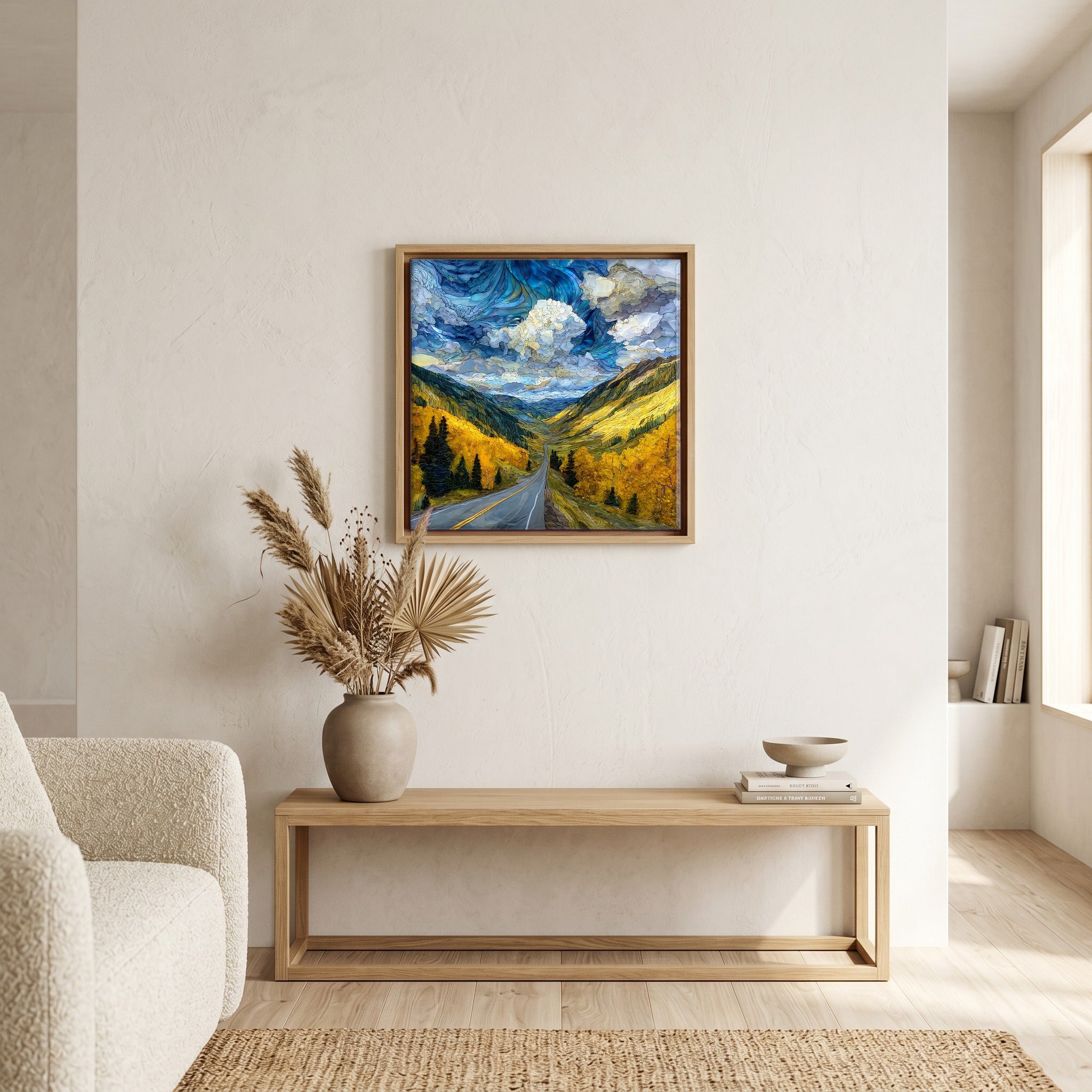 In the living room, above the sofa.