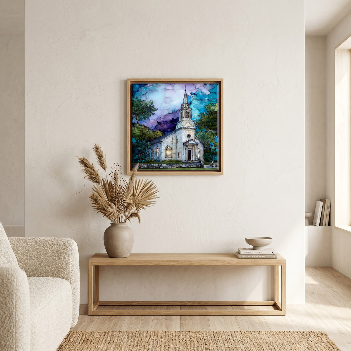 In the living room, above the sofa.