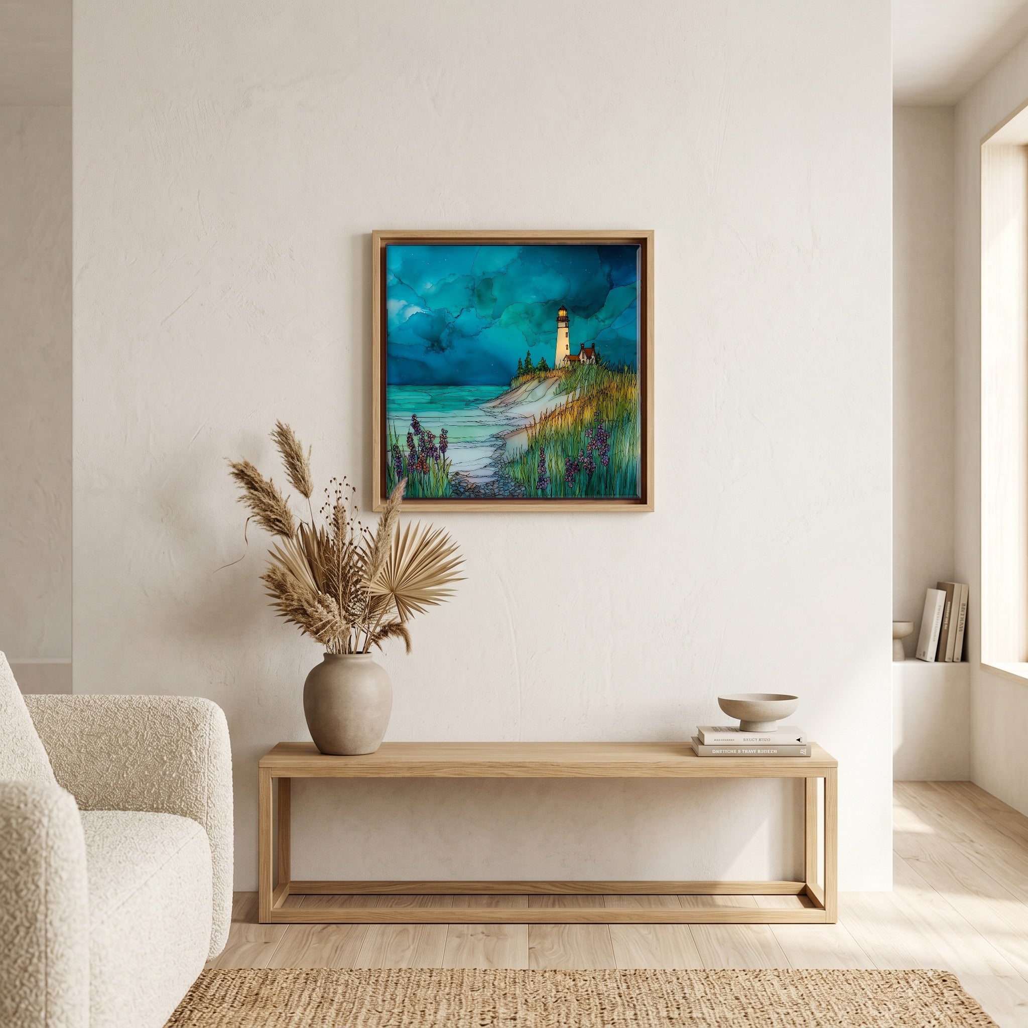 In the living room, above the sofa.