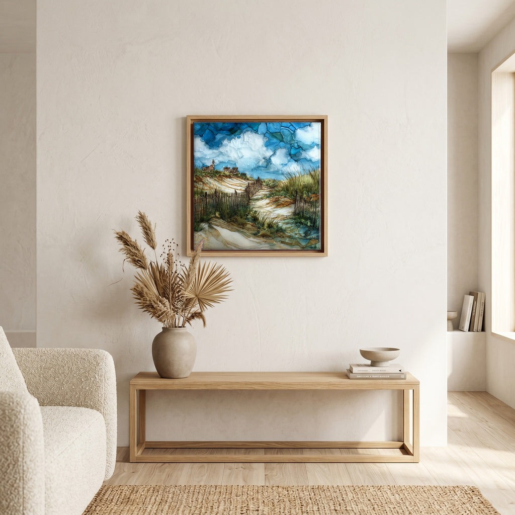 In the living room, above the sofa.