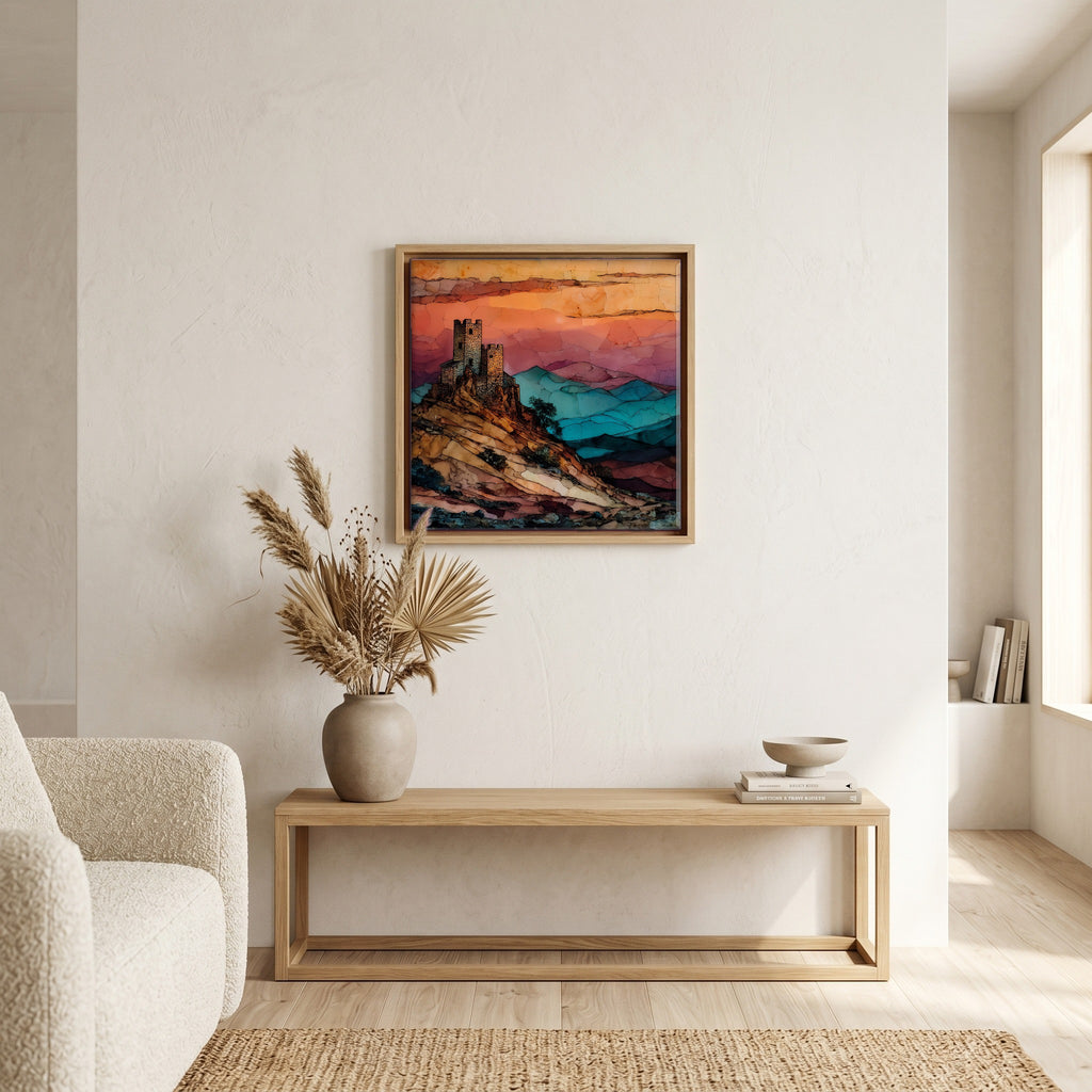 Above the bench, in a warm oak surround.