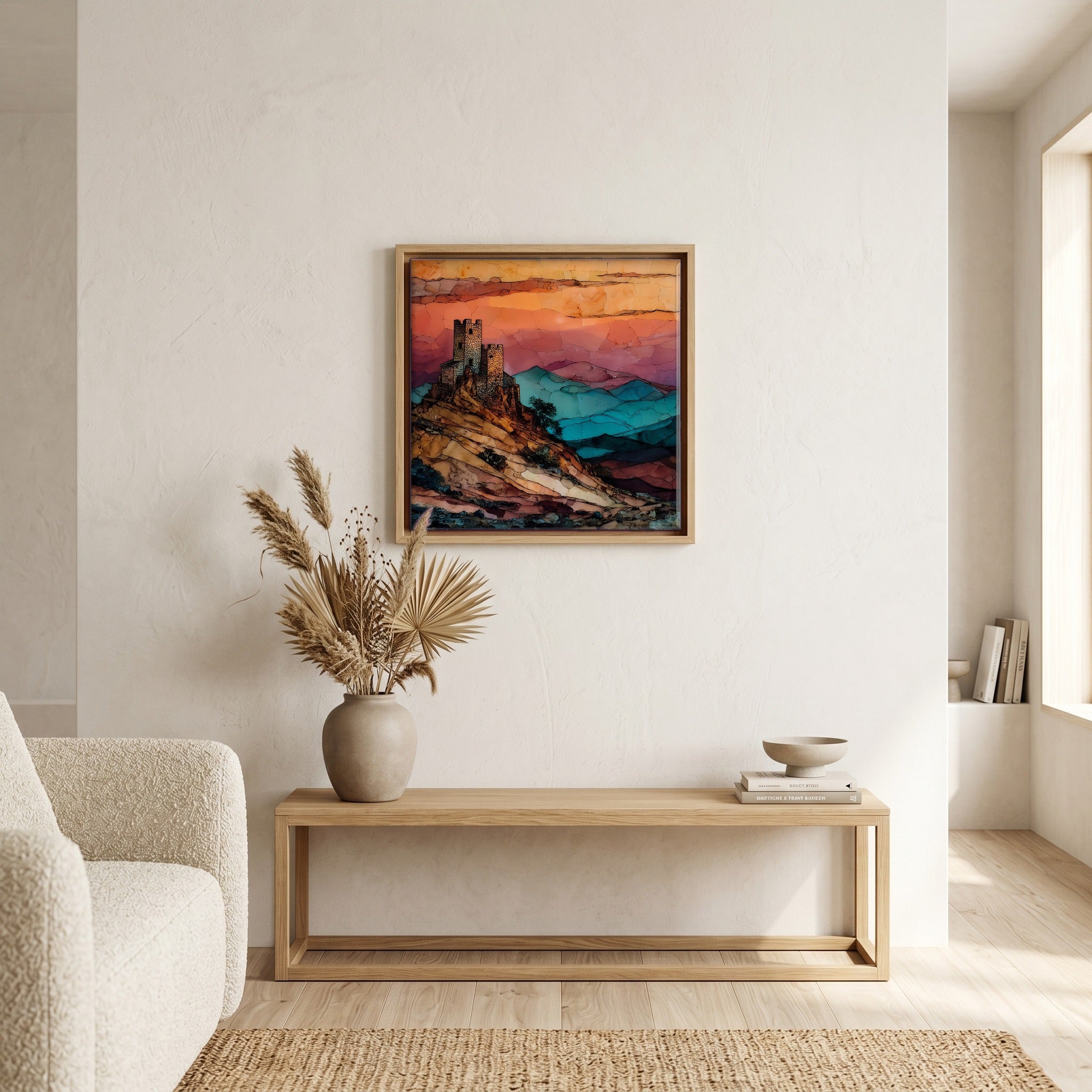 Above the bench, in a warm oak surround.