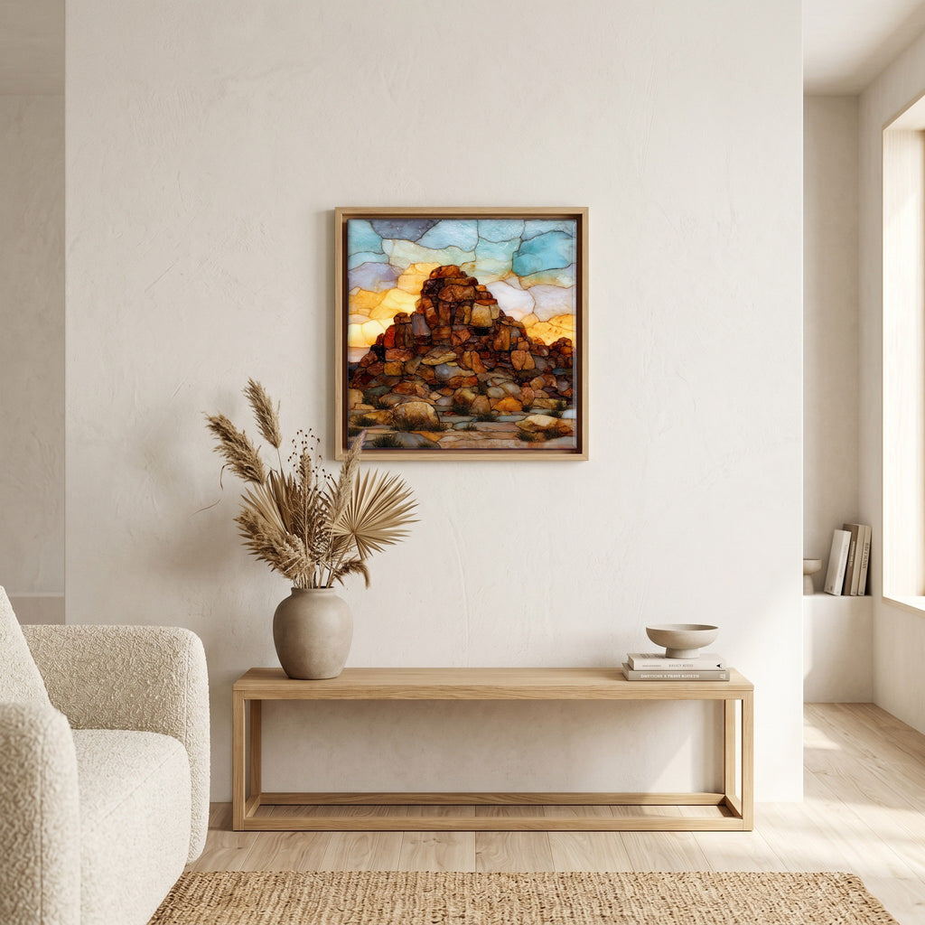 In the living room, above the sofa.