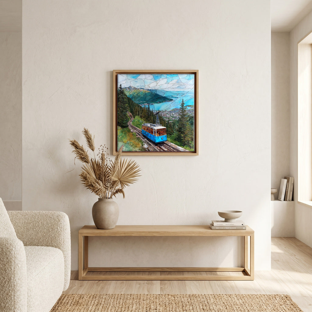 In the living room, above the sofa.
