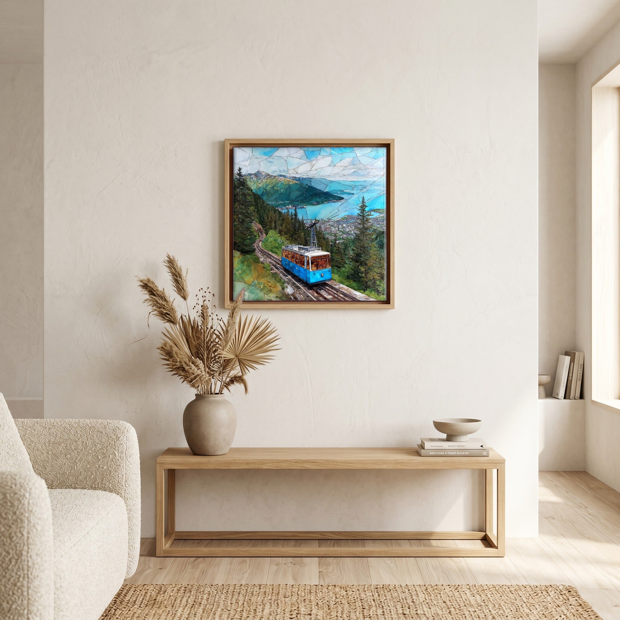 In the living room, above the sofa.