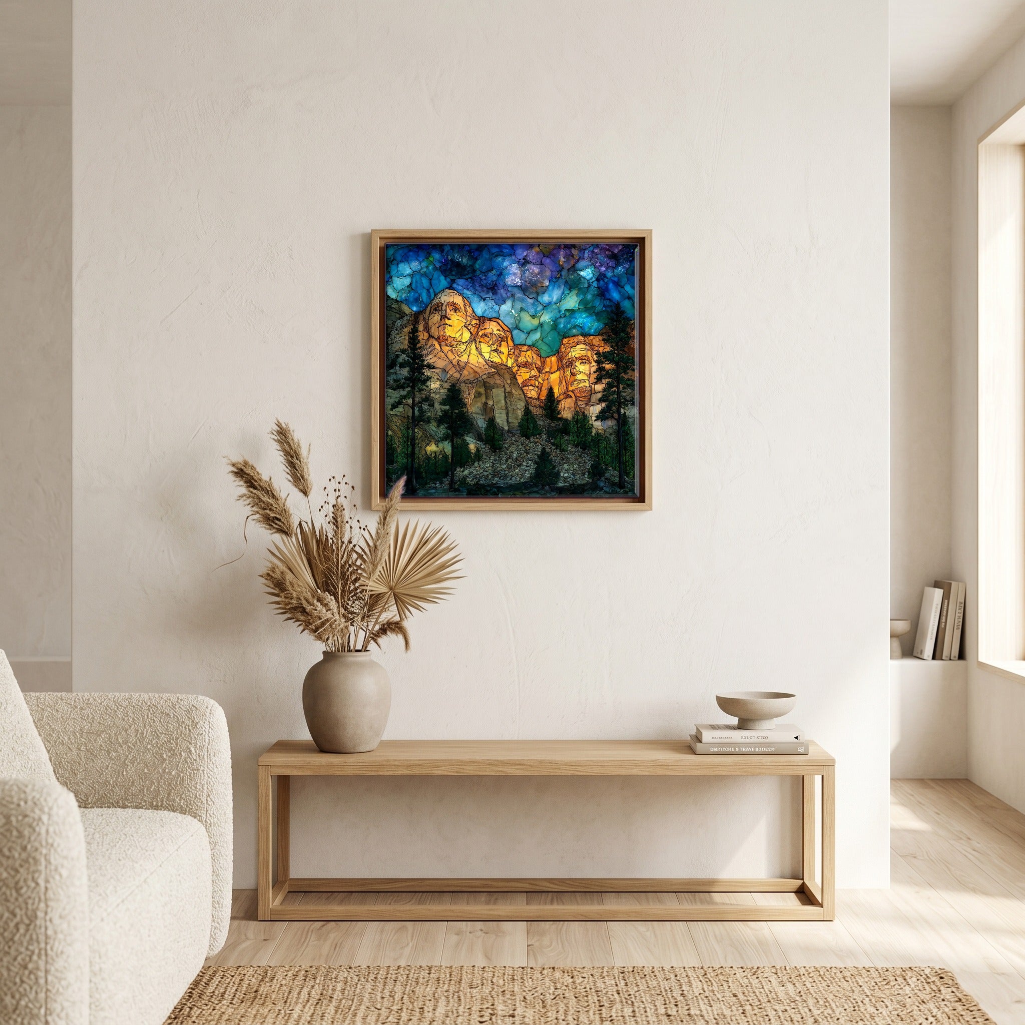 In the living room, above the sofa.