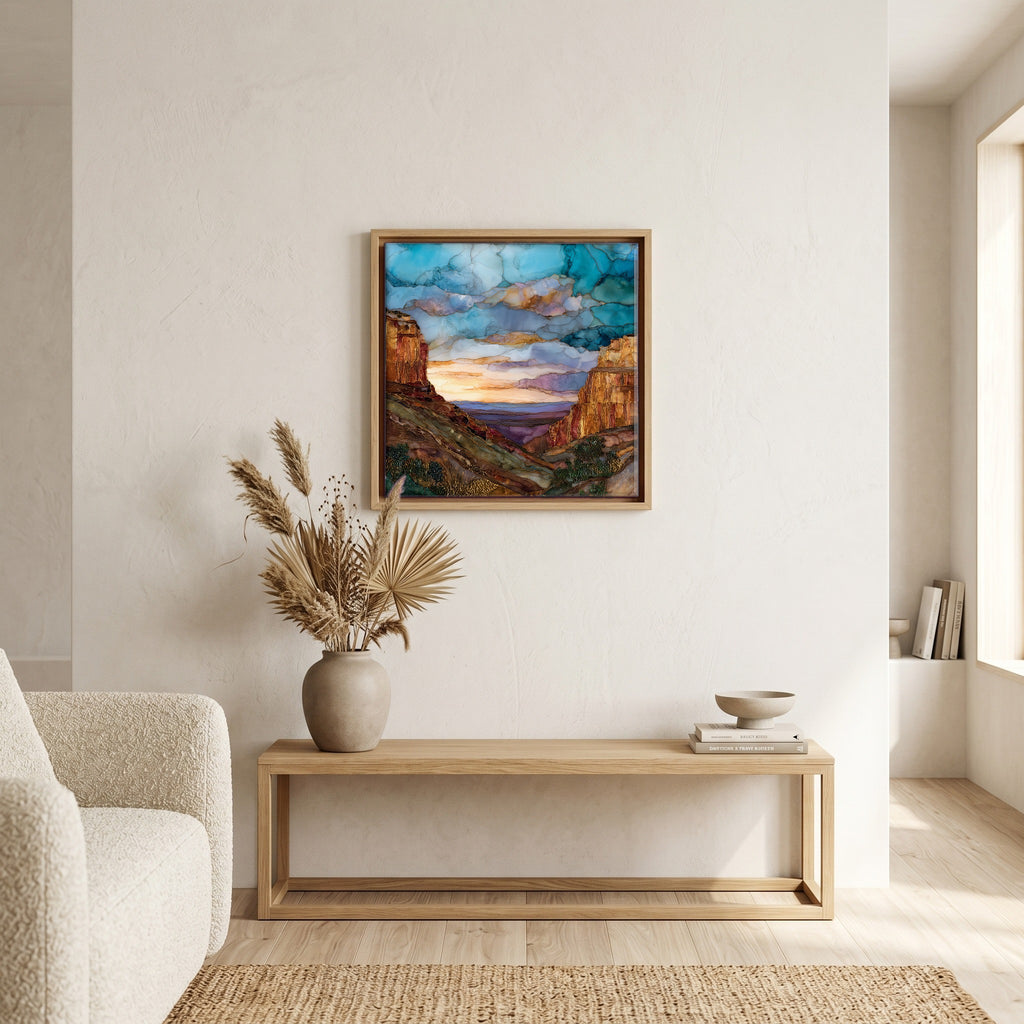 In the living room, above the sofa.