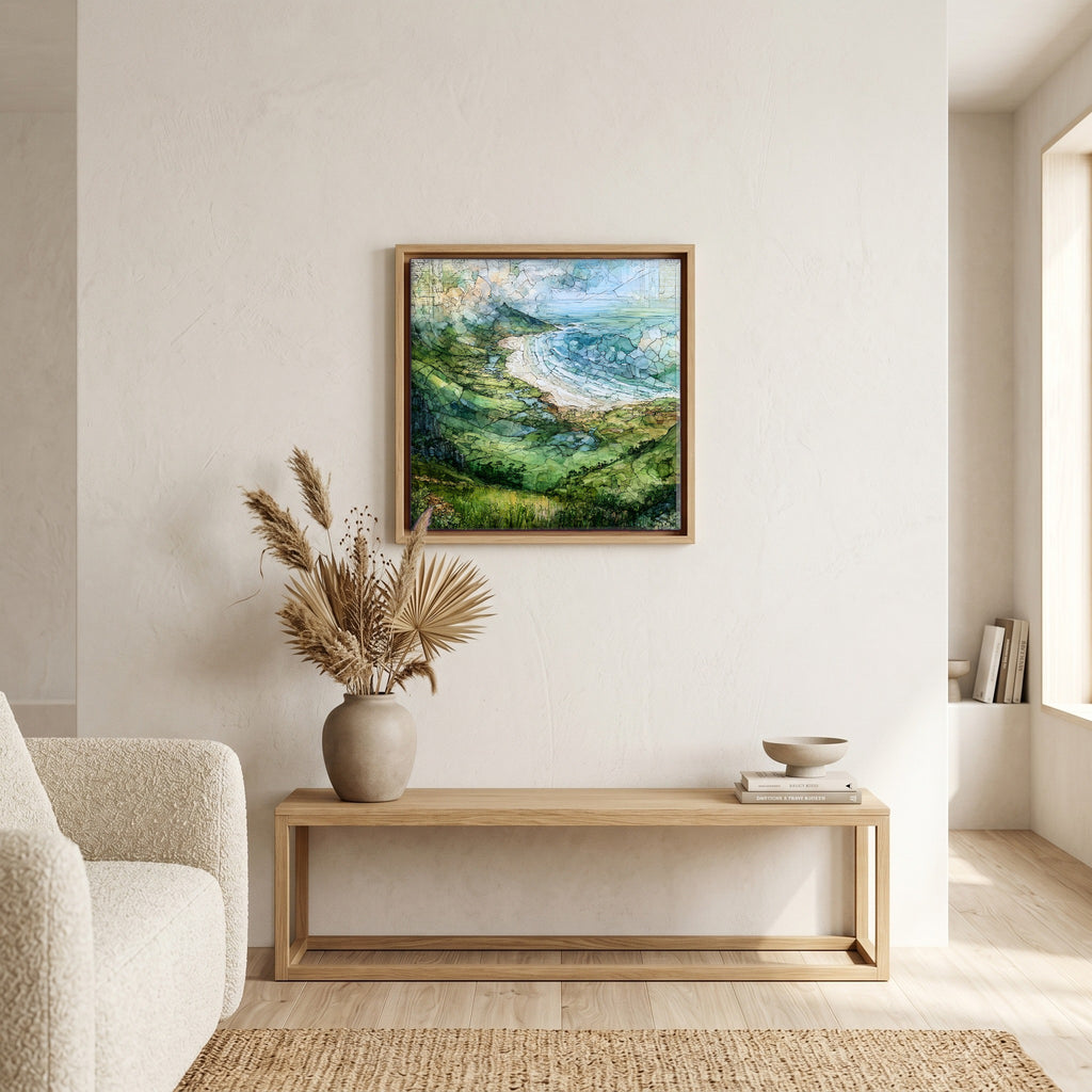 In the living room, above the sofa.