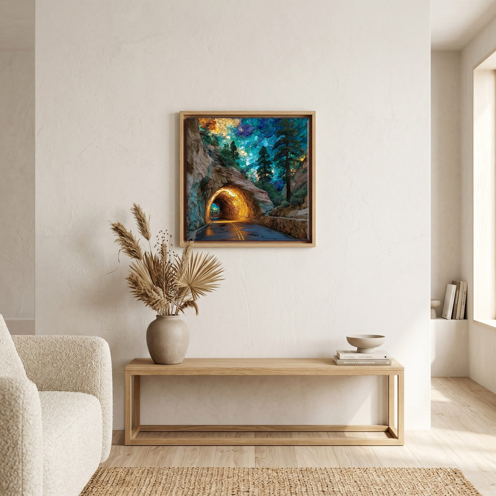 In the living room, above the sofa.