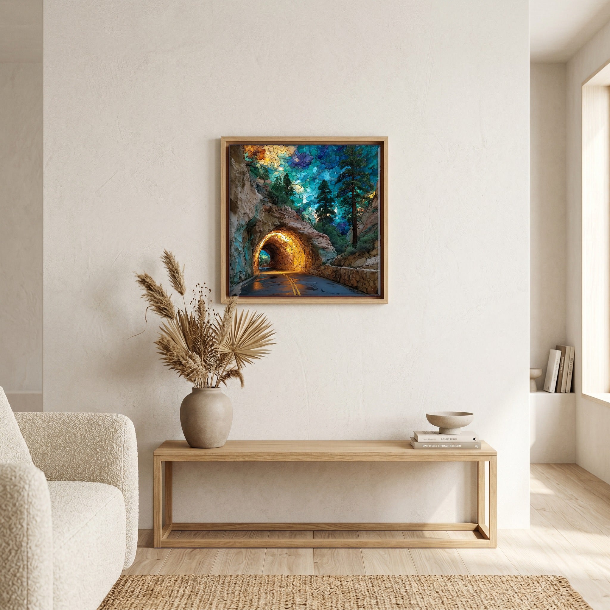 In the living room, above the sofa.