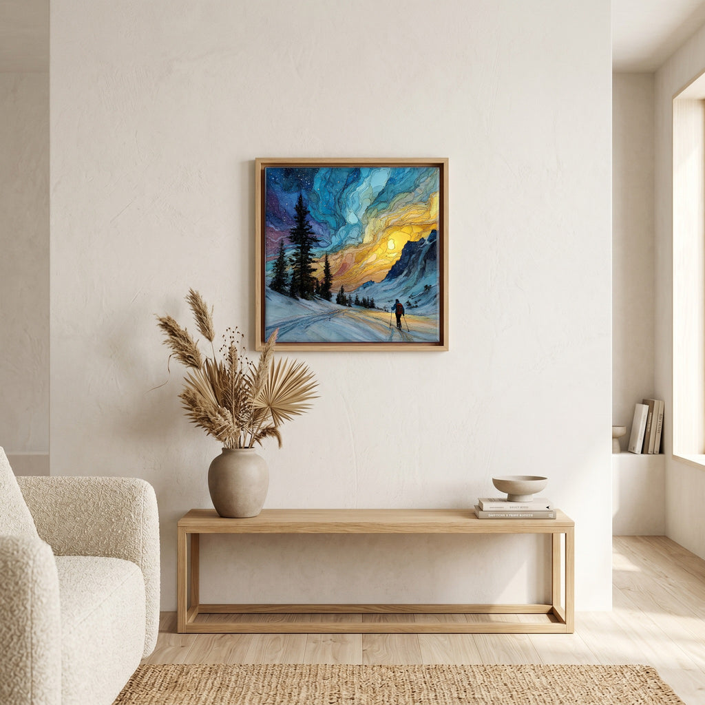 In the living room, above the sofa.