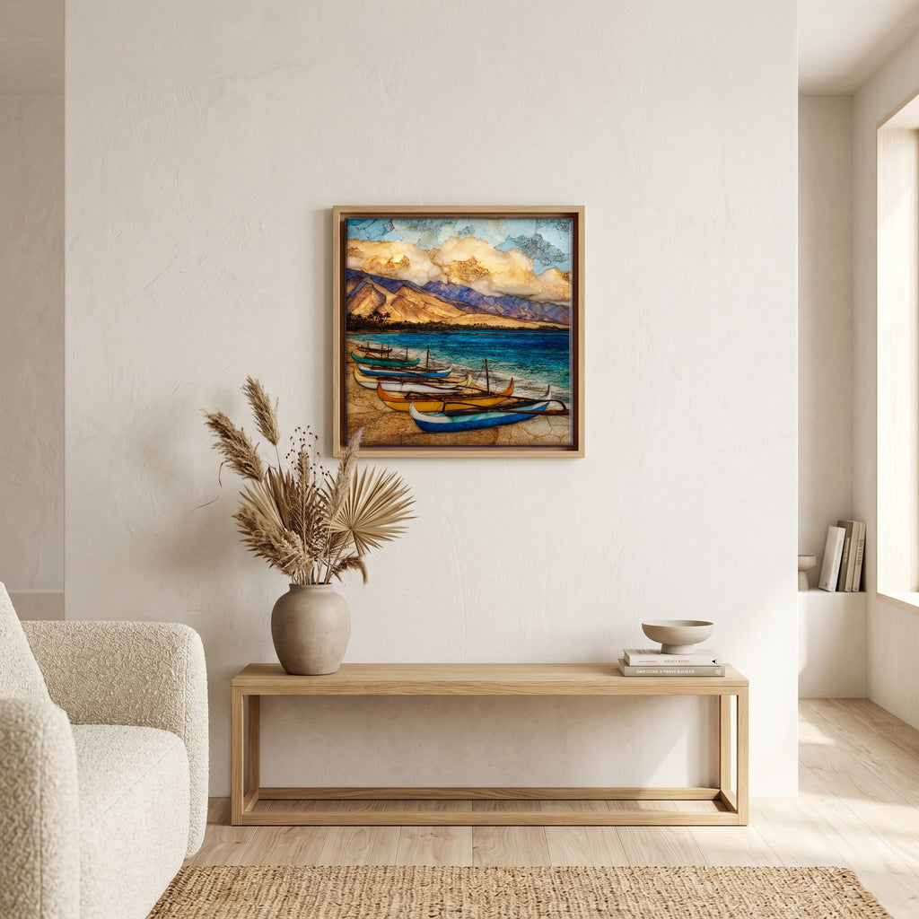 Above the bench, in a warm oak surround.