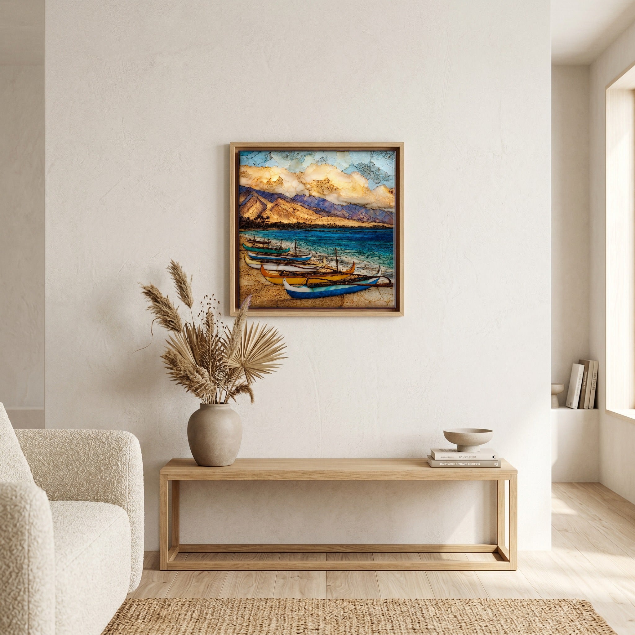 Above the bench, in a warm oak surround.