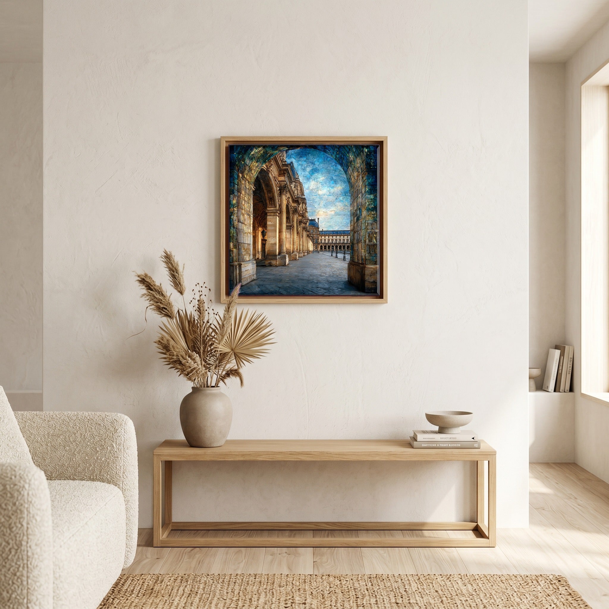 Above the bench, in a warm oak surround.