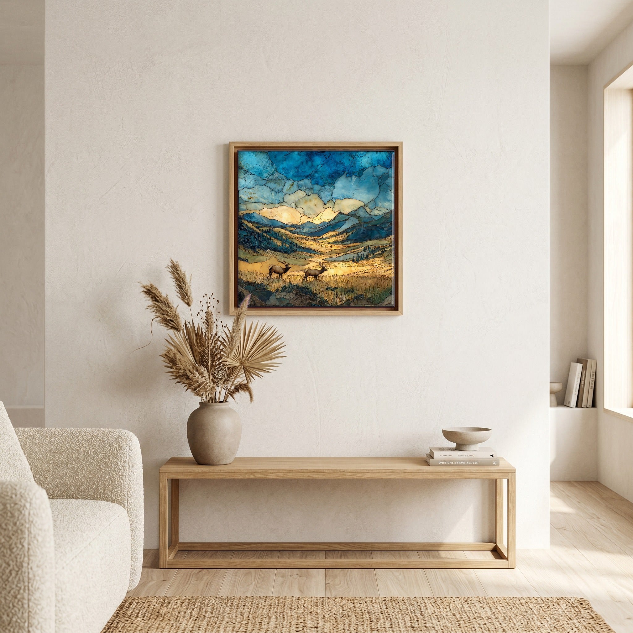 In the living room, above the sofa.