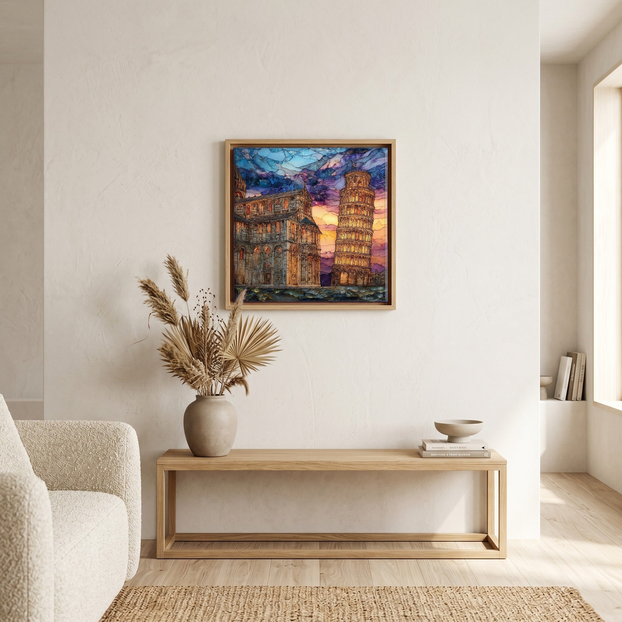 Above the bench, in a warm oak surround.