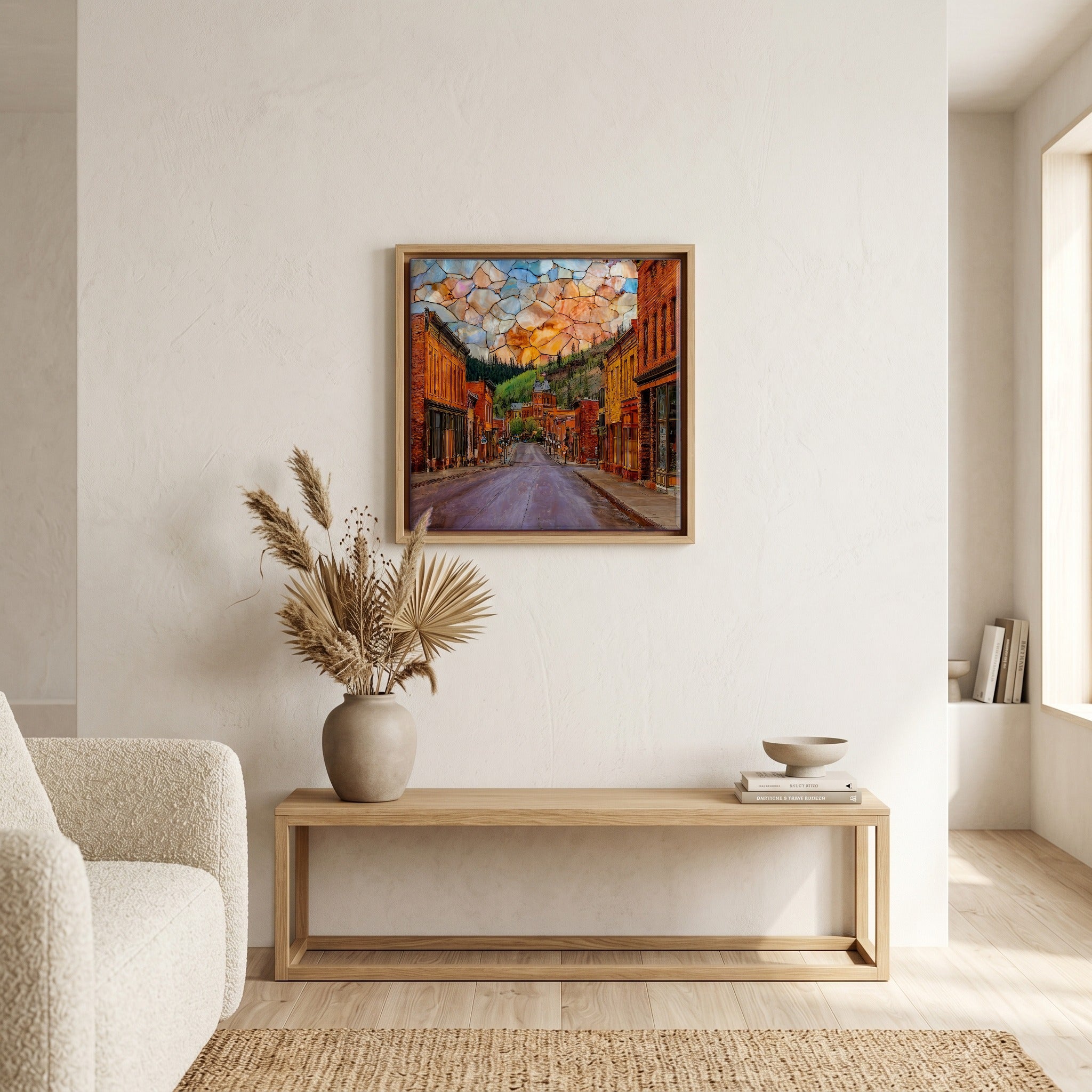Above the bench, in a warm oak surround.