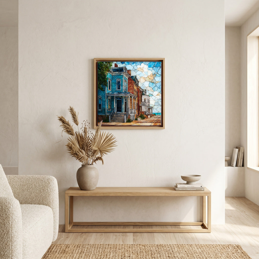 In the living room, above the sofa.