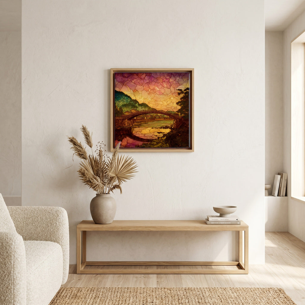 In the living room, above the sofa.